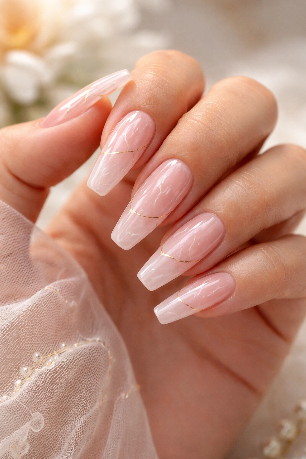 Translucent pink rose quartz ballerina nails with subtle veining