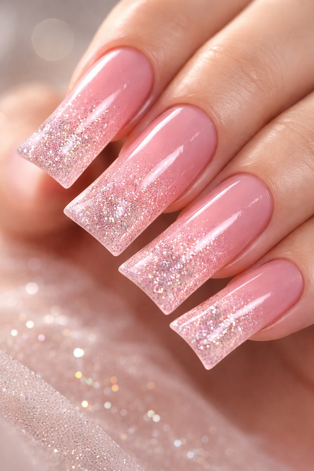 Close-up of rose quartz pink curved duck nails with sparkle gradient fade.