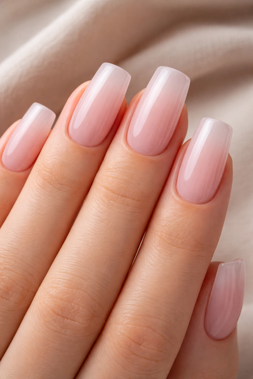 Medium-length square nails in soft milky pink rose quartz shade