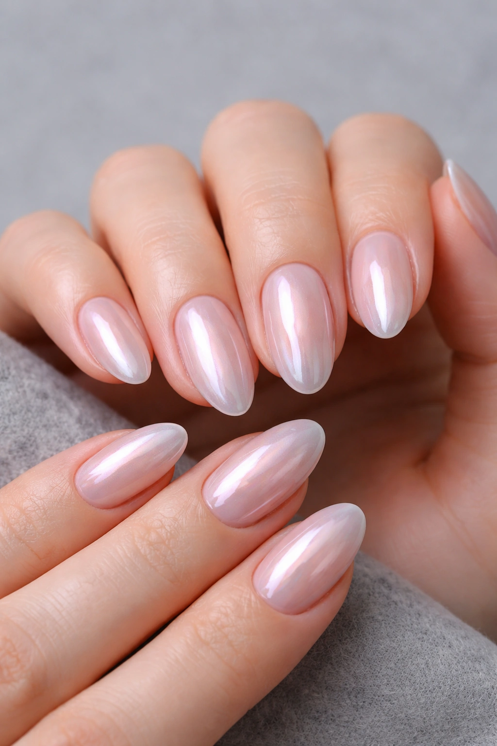 Close-up of short almond nails with rose quartz sheen
