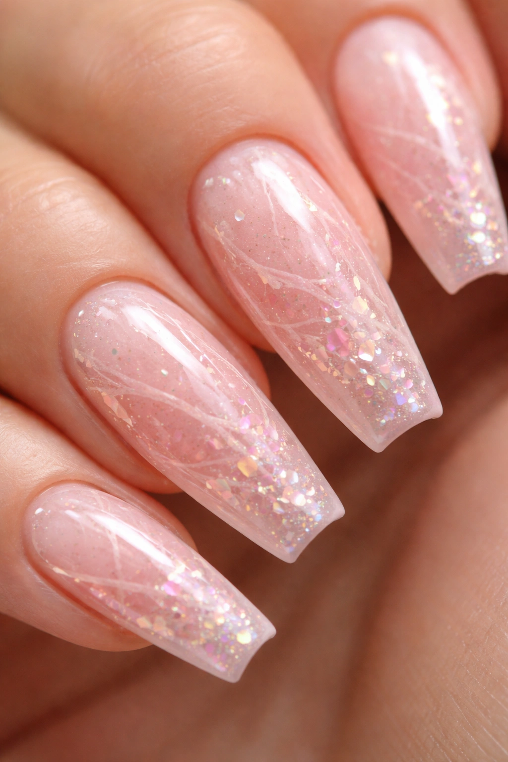 Rose quartz pink nails with encapsulated sparkle and veining