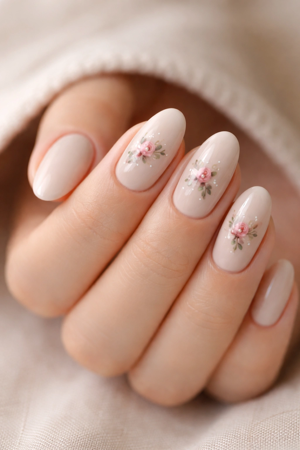Close-up of short almond nails with delicate rosebuds on soft beige