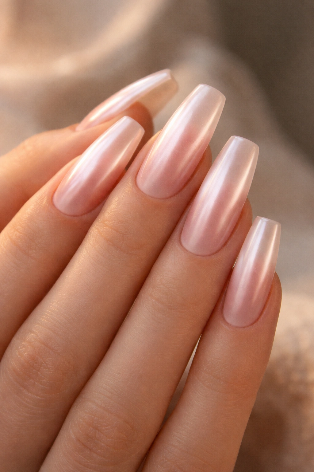 Rosewater glazed pearl ballerina nails on hand with sheer pink-rose base and pearl glaze