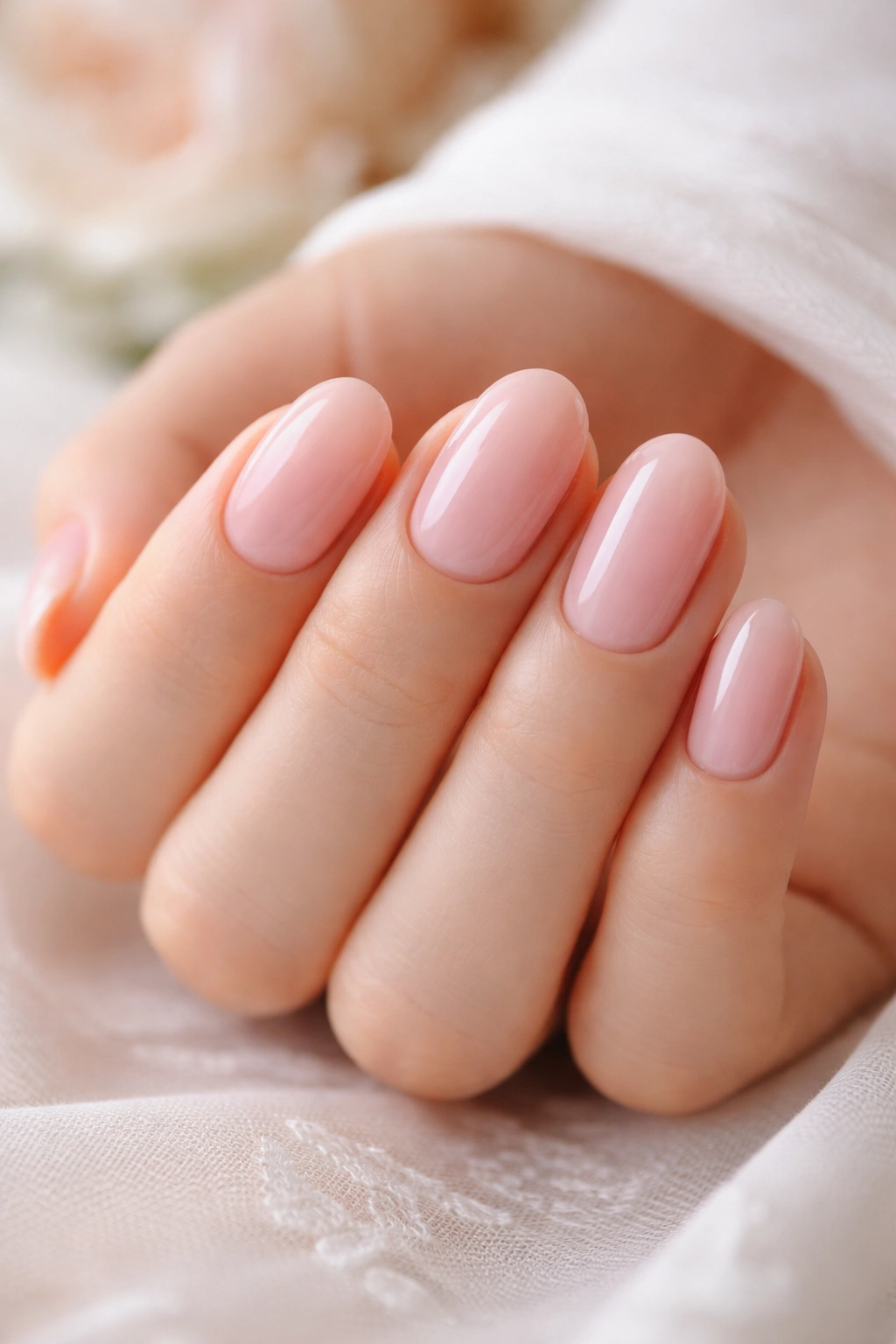 Close-up of rosewater pink nails on short oval shape