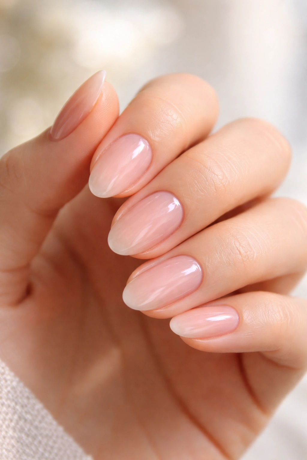 Close-up of short almond nails with rosewater sheer pink on nude base