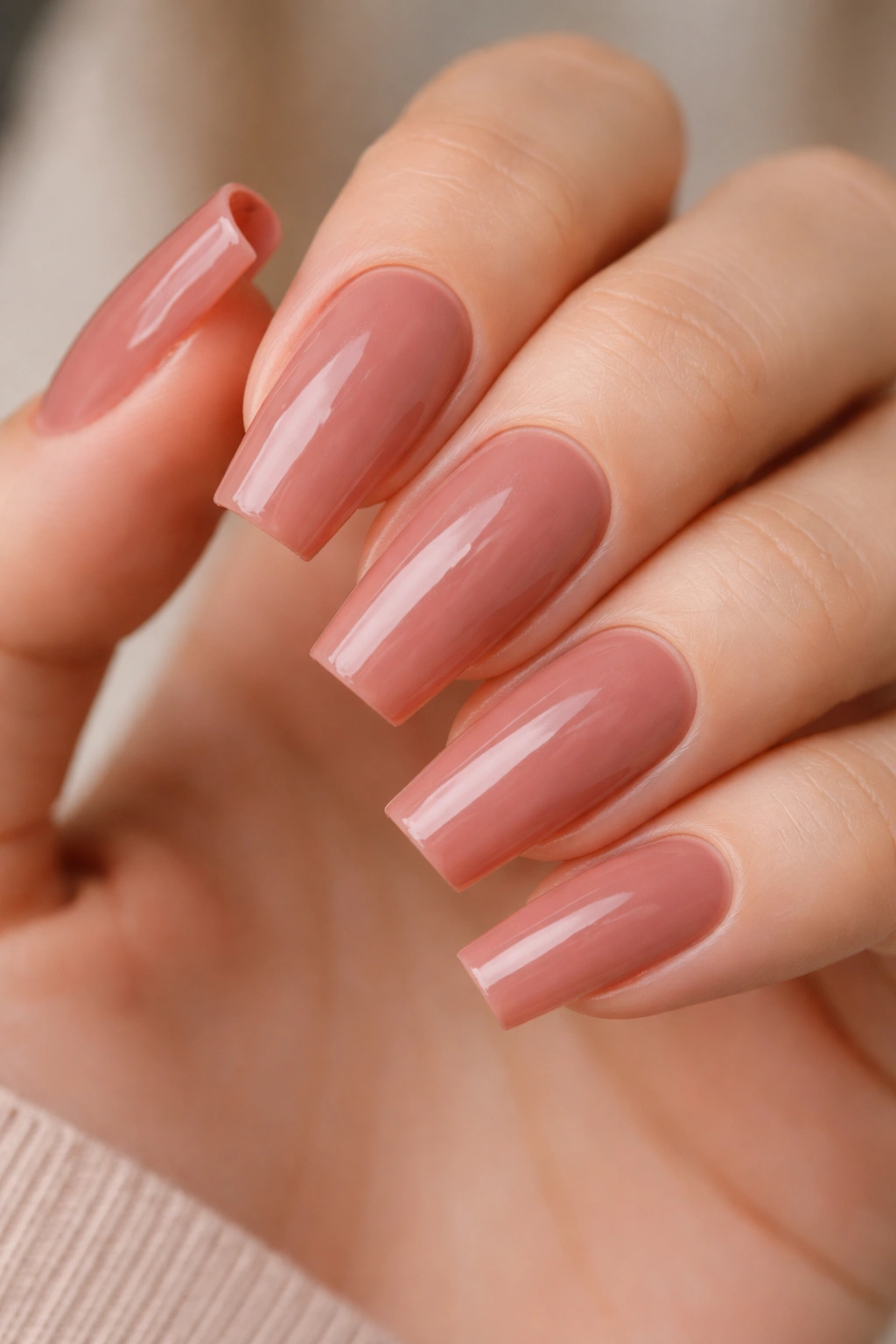 Nude rosewood nails with squared-off tips on a clean cuticle line