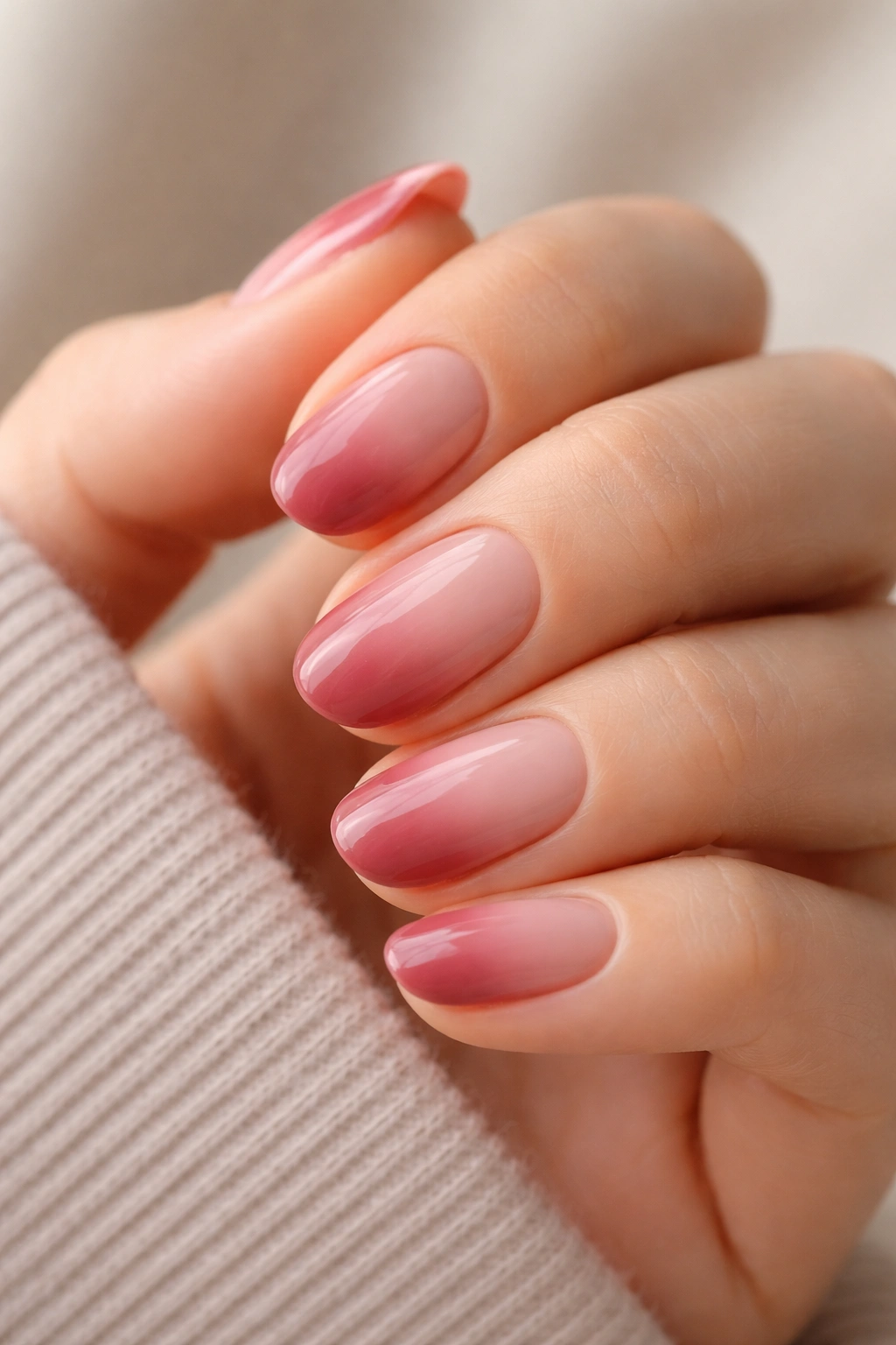 Close-up of rosewood ombre short oval nails on nude-to-rosewood gradient