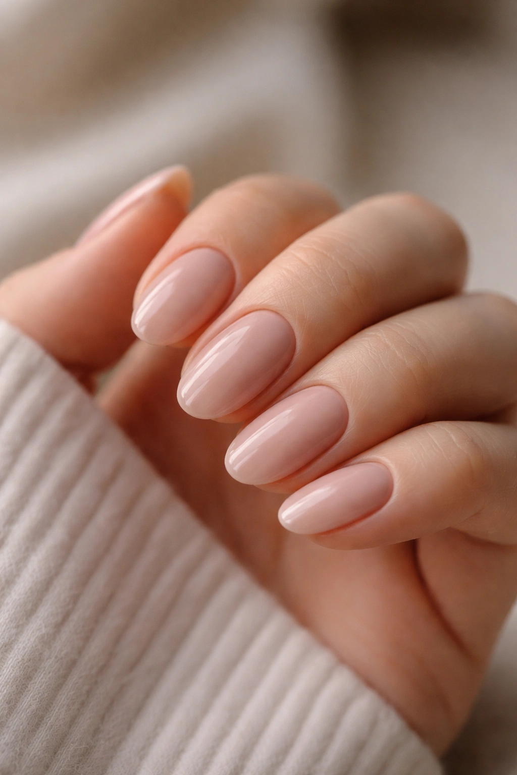 Close-up of short almond nails in rosy beige dip powder on a neutral background
