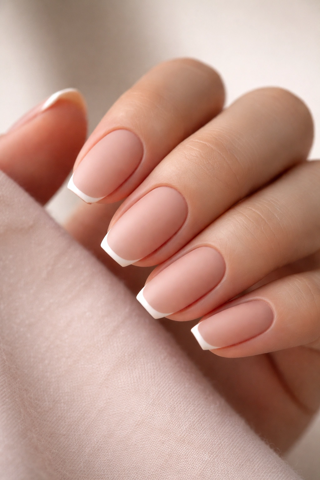 Rosy beige matte nails with barely-there micro French tip