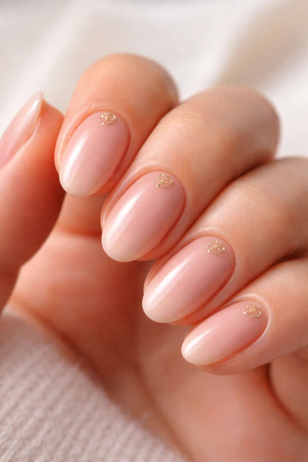 Close-up of short almond nails with rosy beige base and foil accent