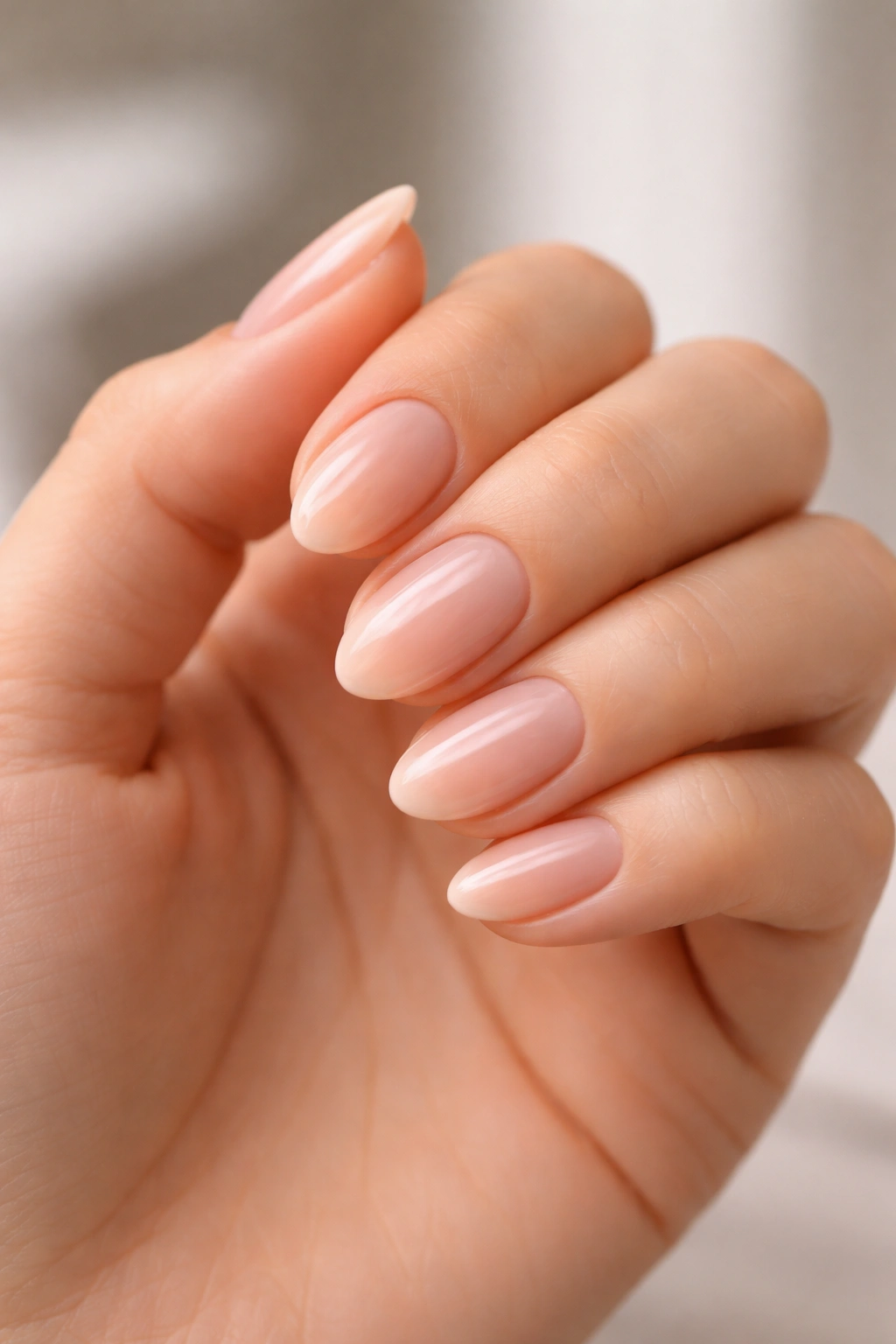 Close-up of short almond nails in sheer rosy beige with glossy finish for office wear