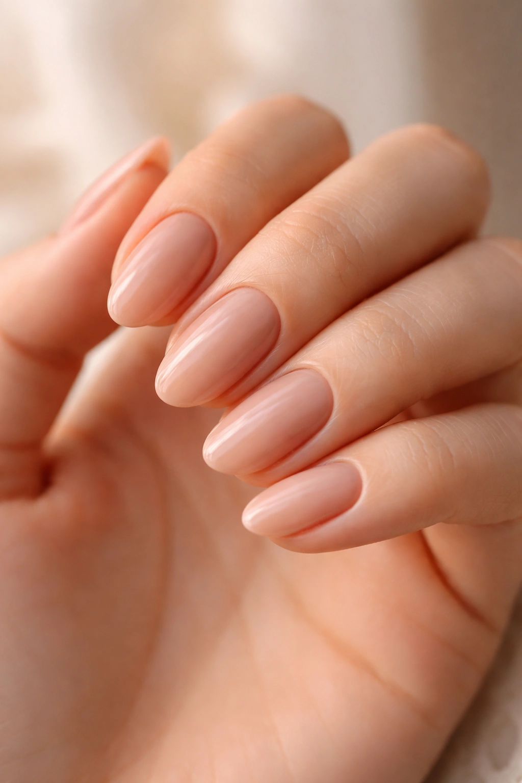 Close-up of short almond nails in rosy beige nude