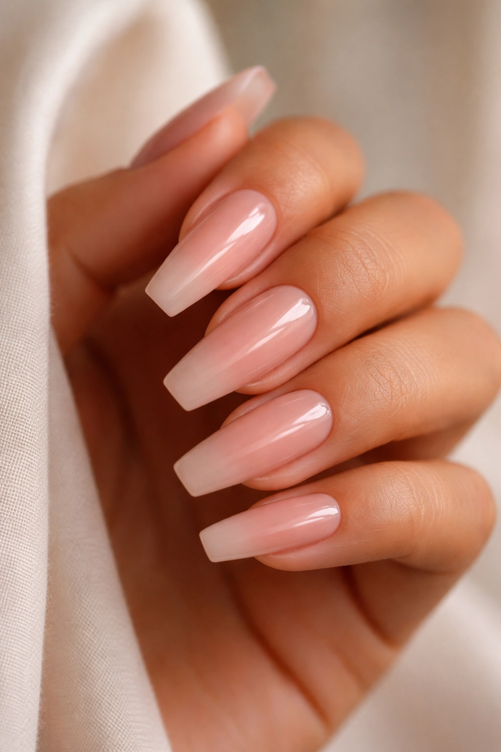 Nails with rosy beige ombré fade on warm skin.