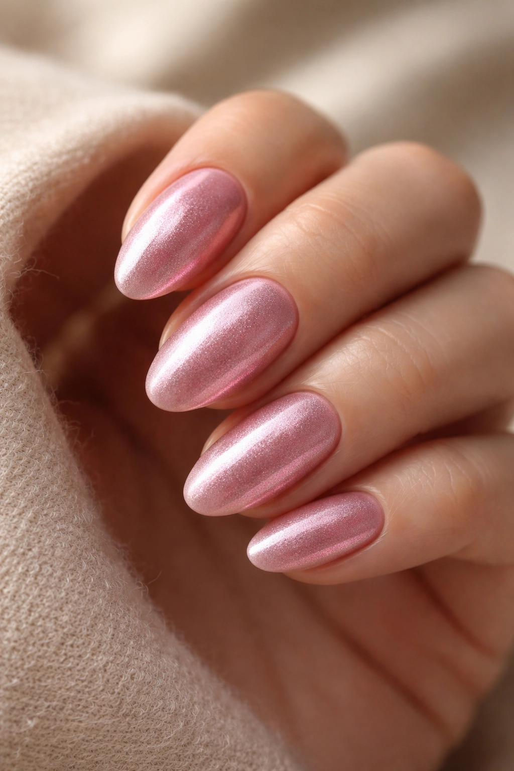 Close-up of short almond nails with rosy pink chrome velvet finish