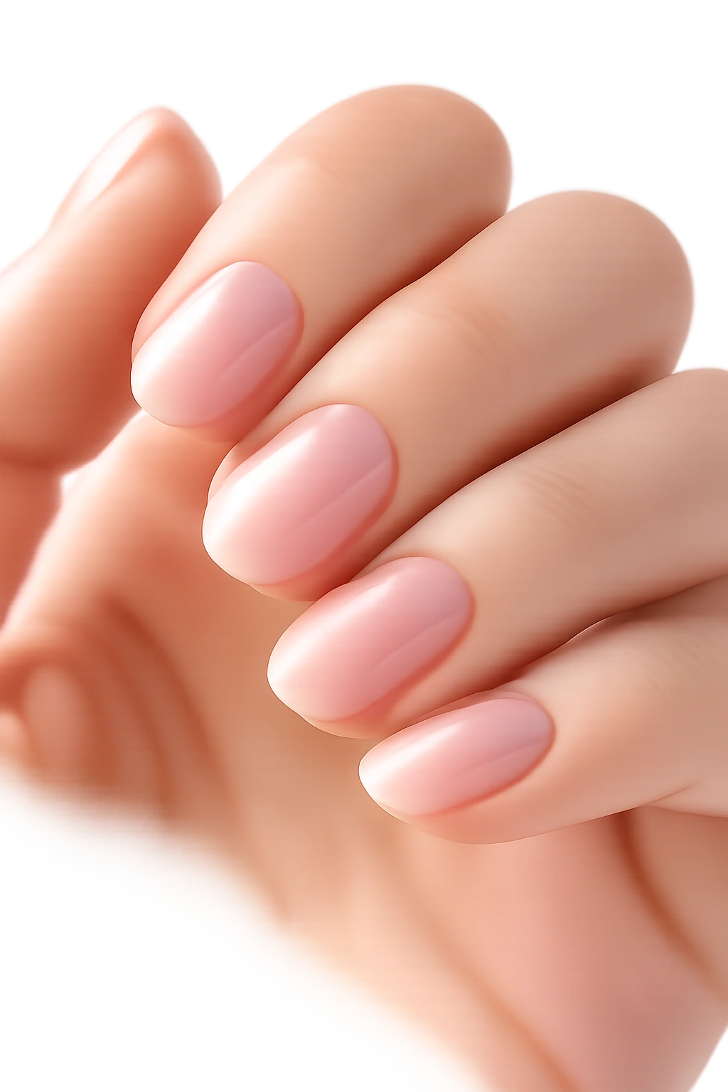 Close-up of short oval nails with translucent rosy-pink polish on a bare hand