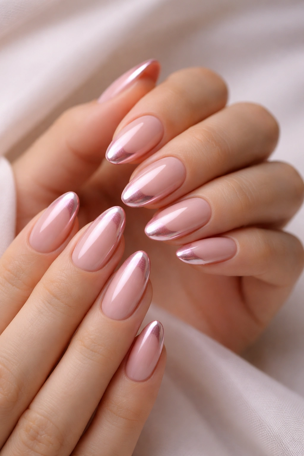 Close-up of rosy French chrome tips on short almond nails