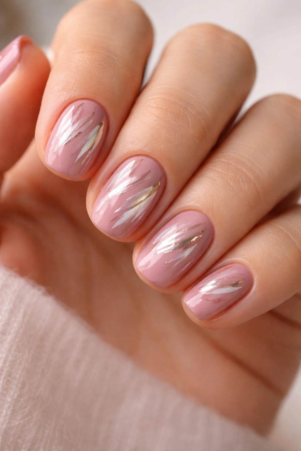 Close-up of rosy mauve nails with abstract brush stroke accents