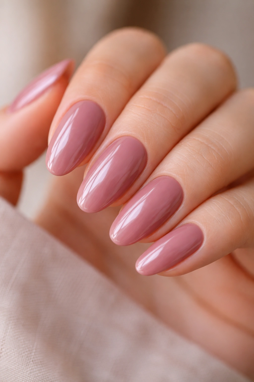Close-up of long oval nails in rosy mauve gloss on a neutral background