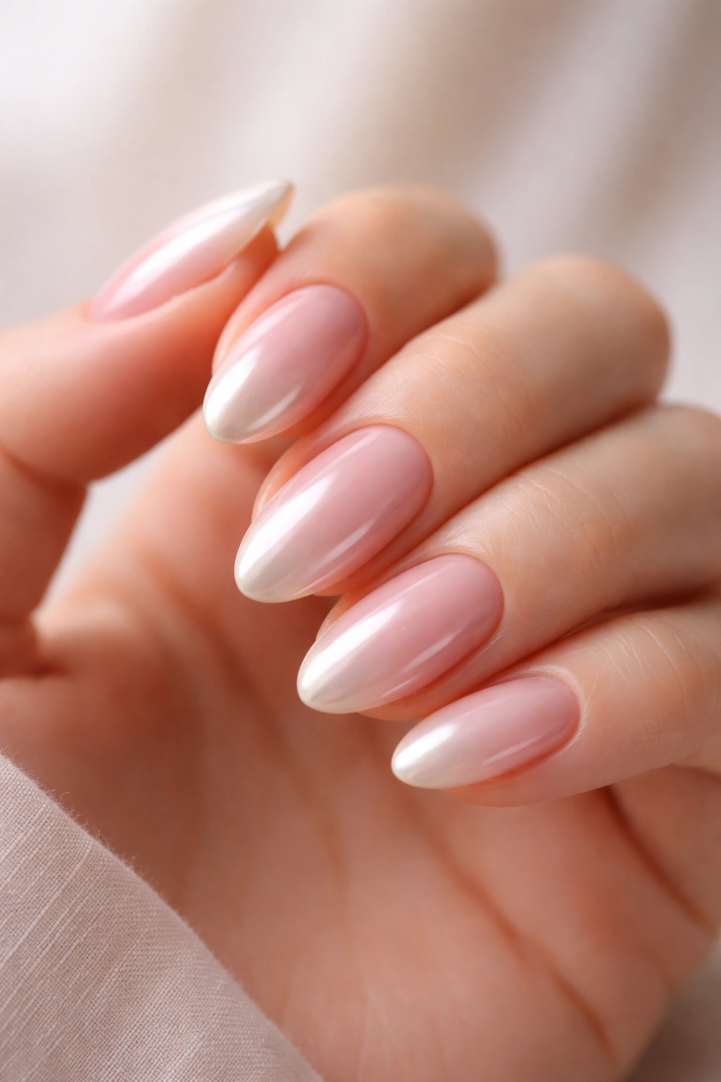 Close-up of short almond nails with rosy milky pink and soft chrome sheen