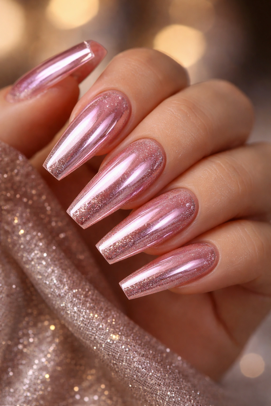 Rosy mirror chrome nails over fine glitter base with soft glow