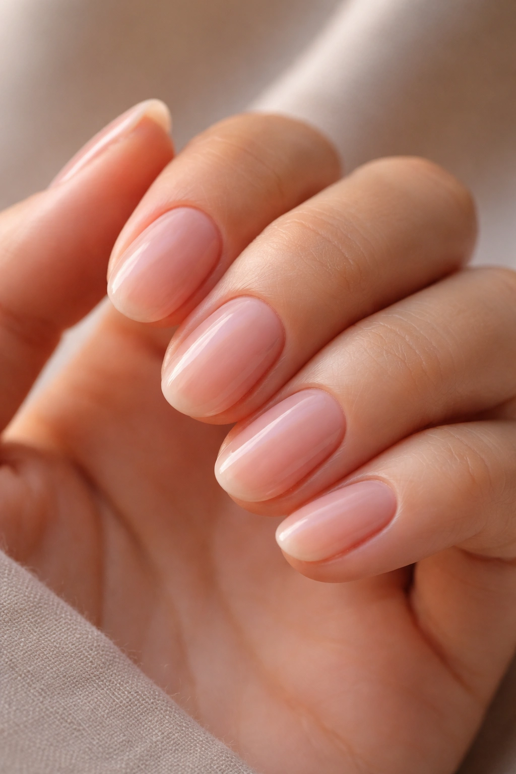 Close-up of short oval nails with rosy neutral overlay, soft and elegant