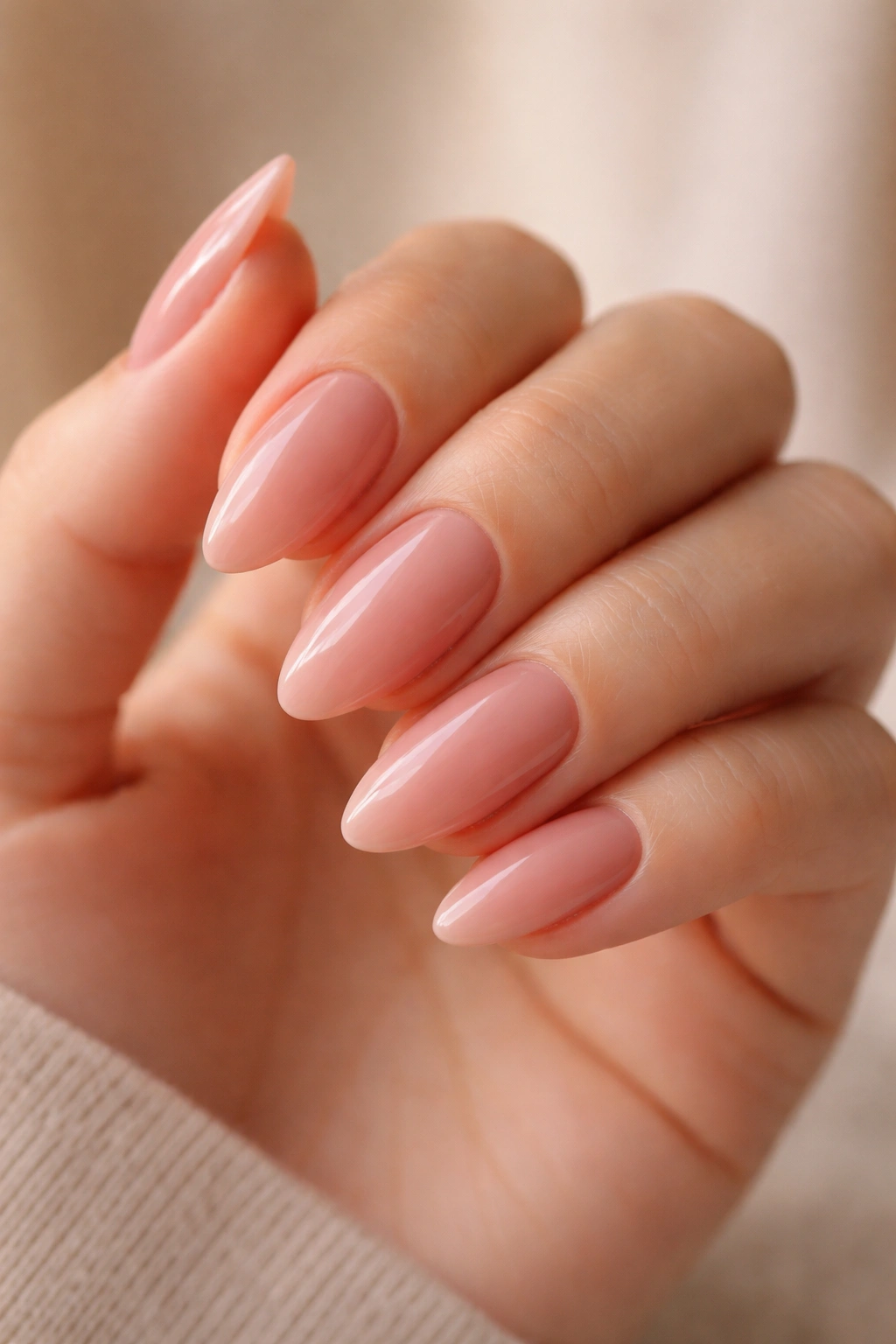 Close-up of rosy nude almond nails with warm lighting