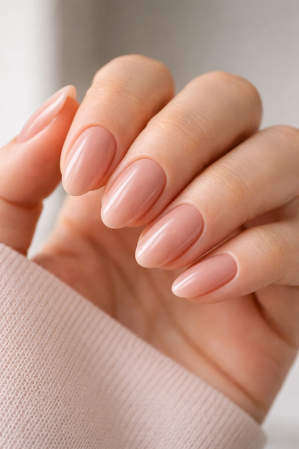 Close-up of rosy nude almond nails with warm beige base on short nails
