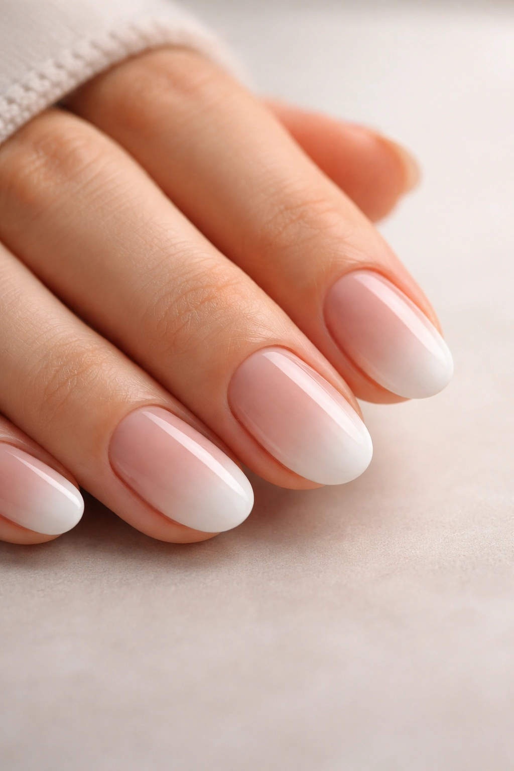 Close-up of short oval nails in rosy nude with cloudy white tips, soft studio lighting