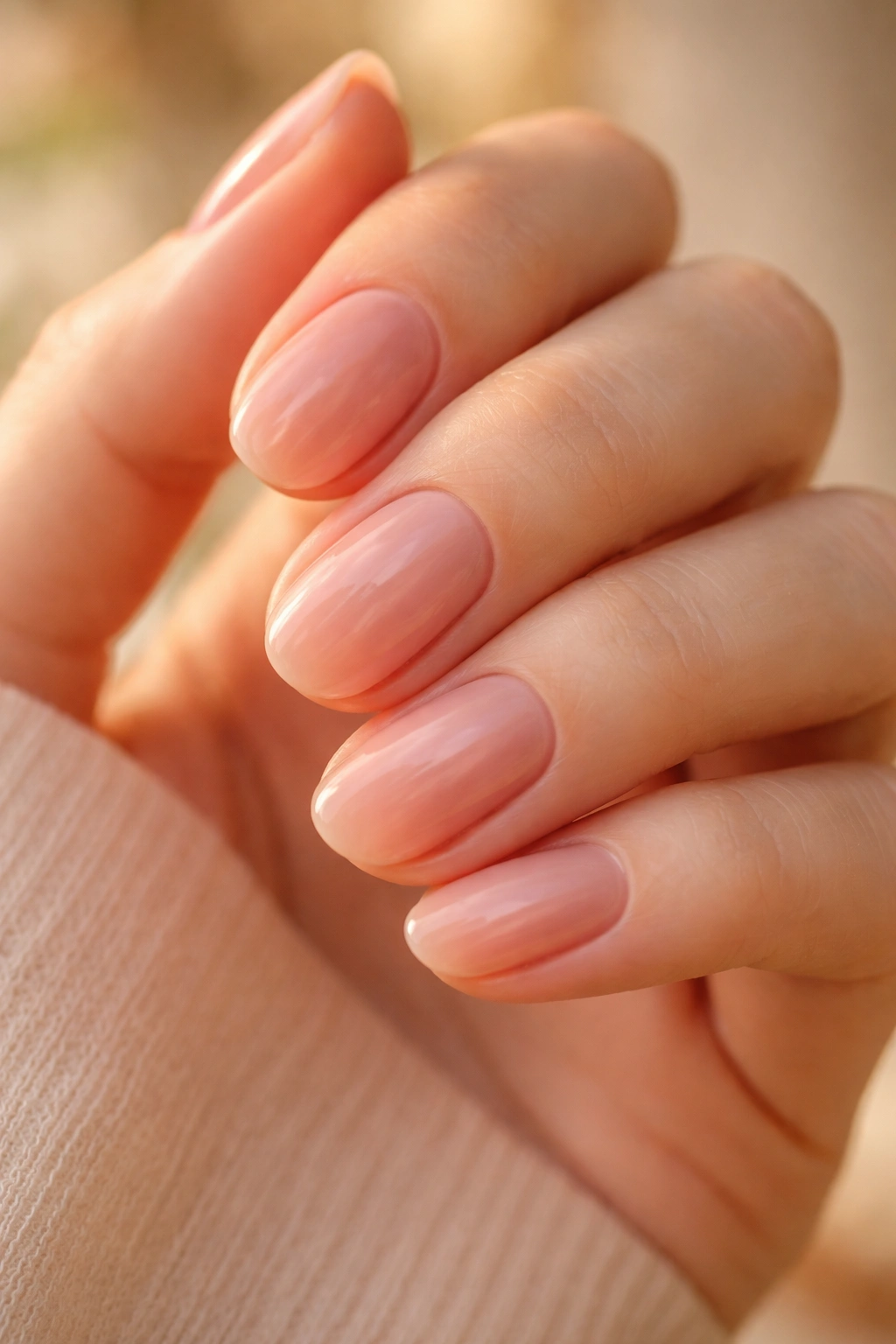 Close-up of short oval nails in rosy nude sheer base with subtle warmth
