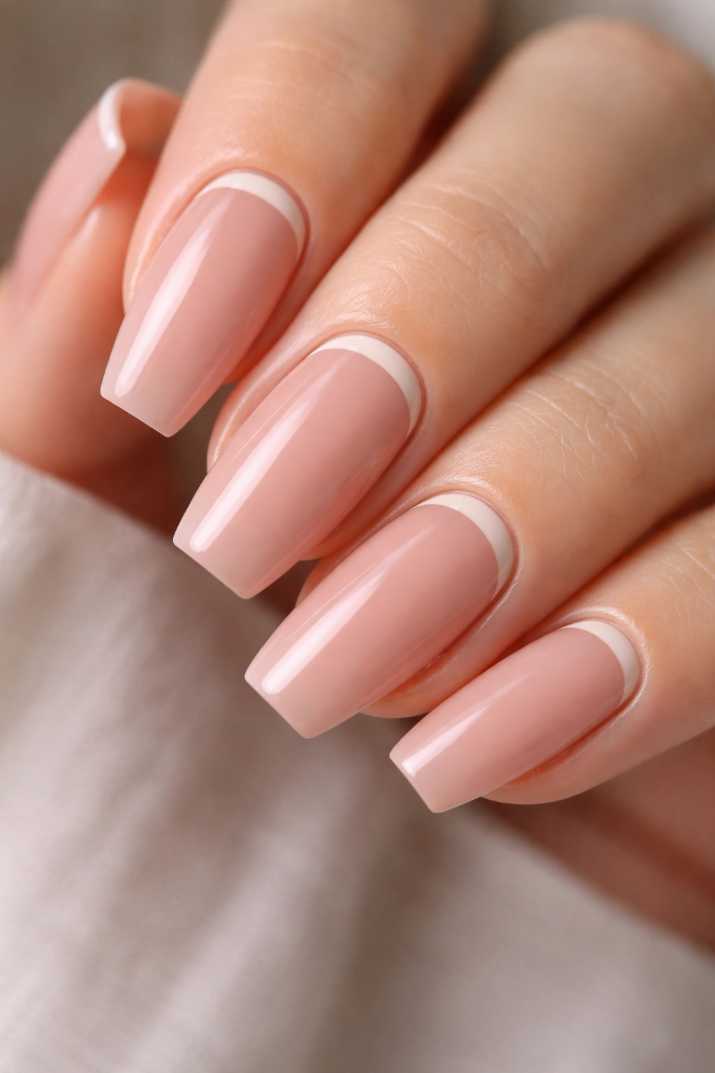 Rosy nude nails with reverse cuticle crescent on a ballerina shape