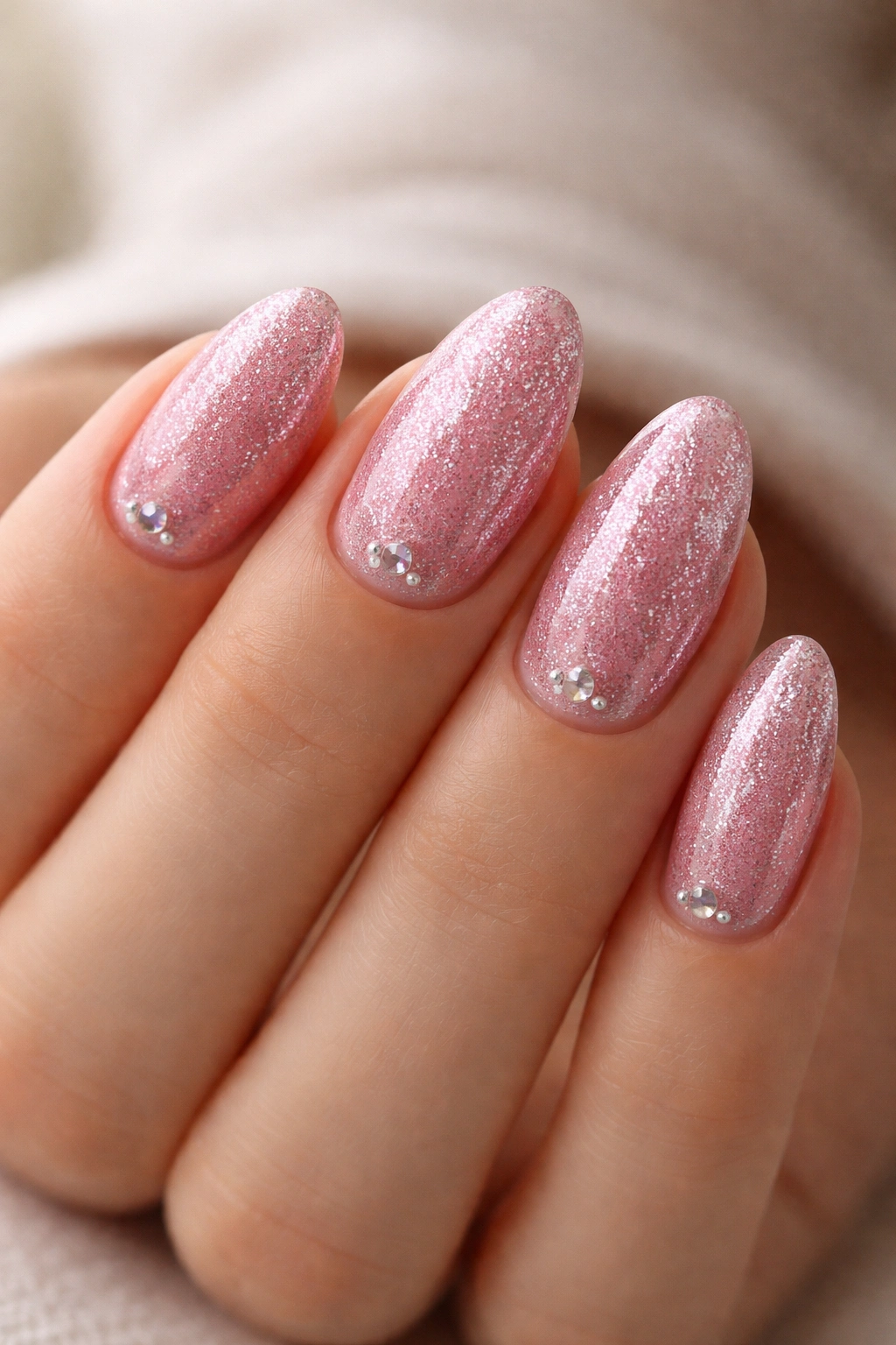 Close-up of rosy pink glitter with tiny rhinestones on short almond nails