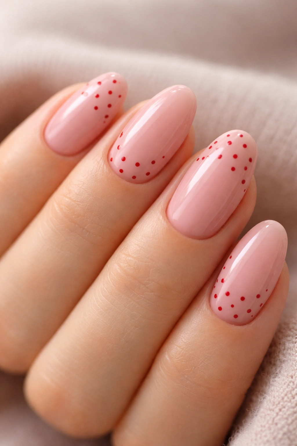 Close-up of rosy pink nails with tiny red polka dots on short almond nails