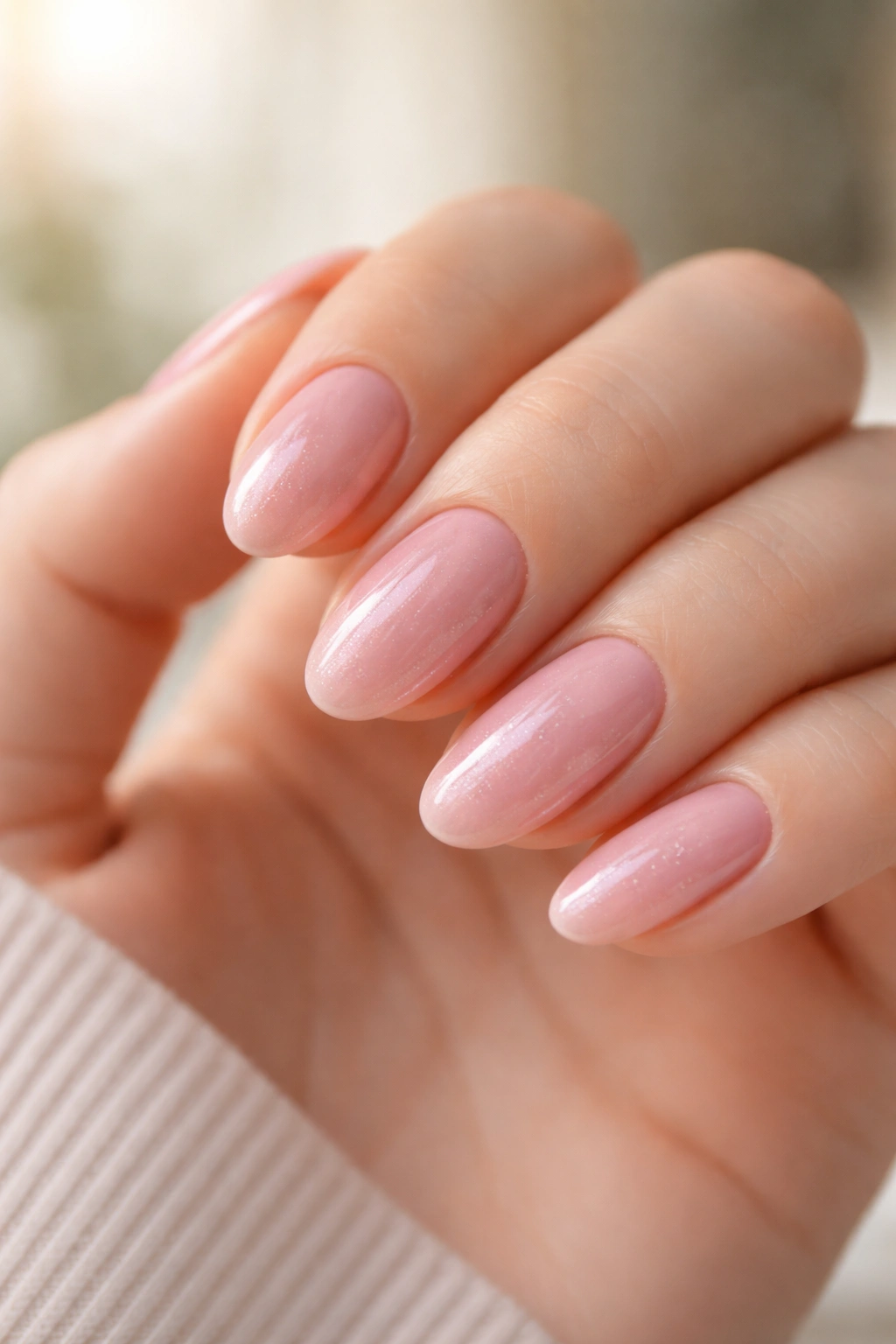 Short almond nails with rosy pink base and subtle fine shimmer.
