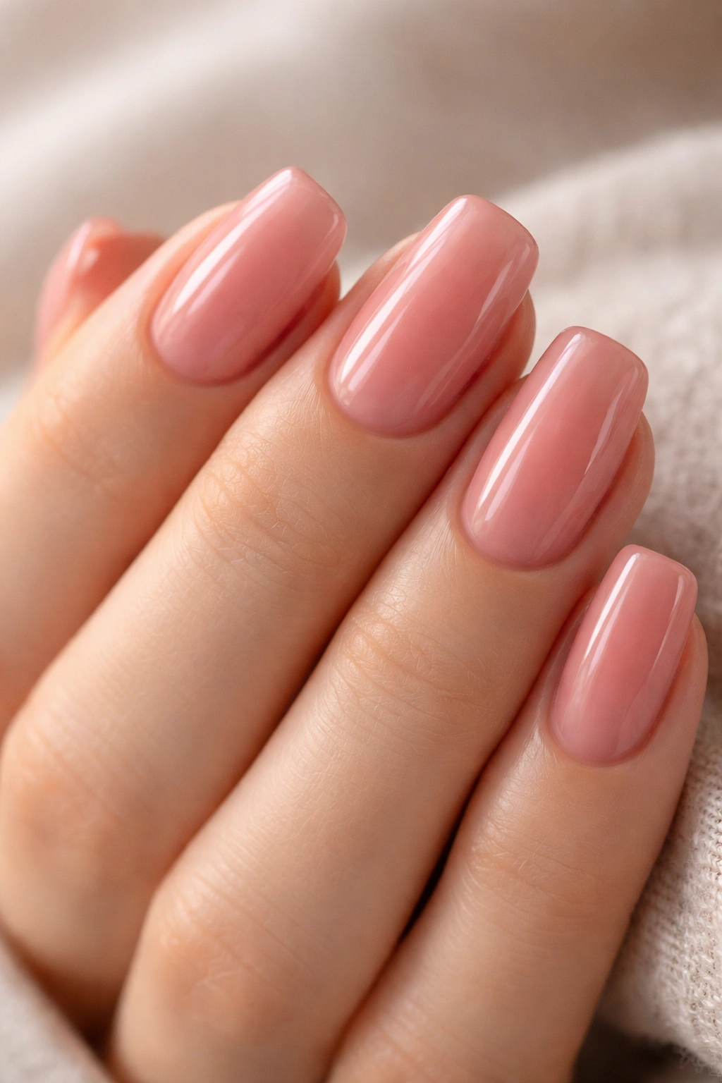 Close-up of rosy pink square-oval nails with warm translucent pink