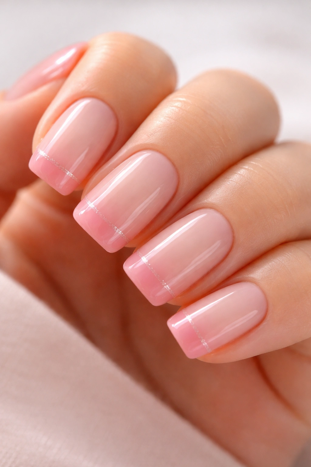 Close-up of nails with nude base and rosy pink tips on short squoval nails, soft shimmer.