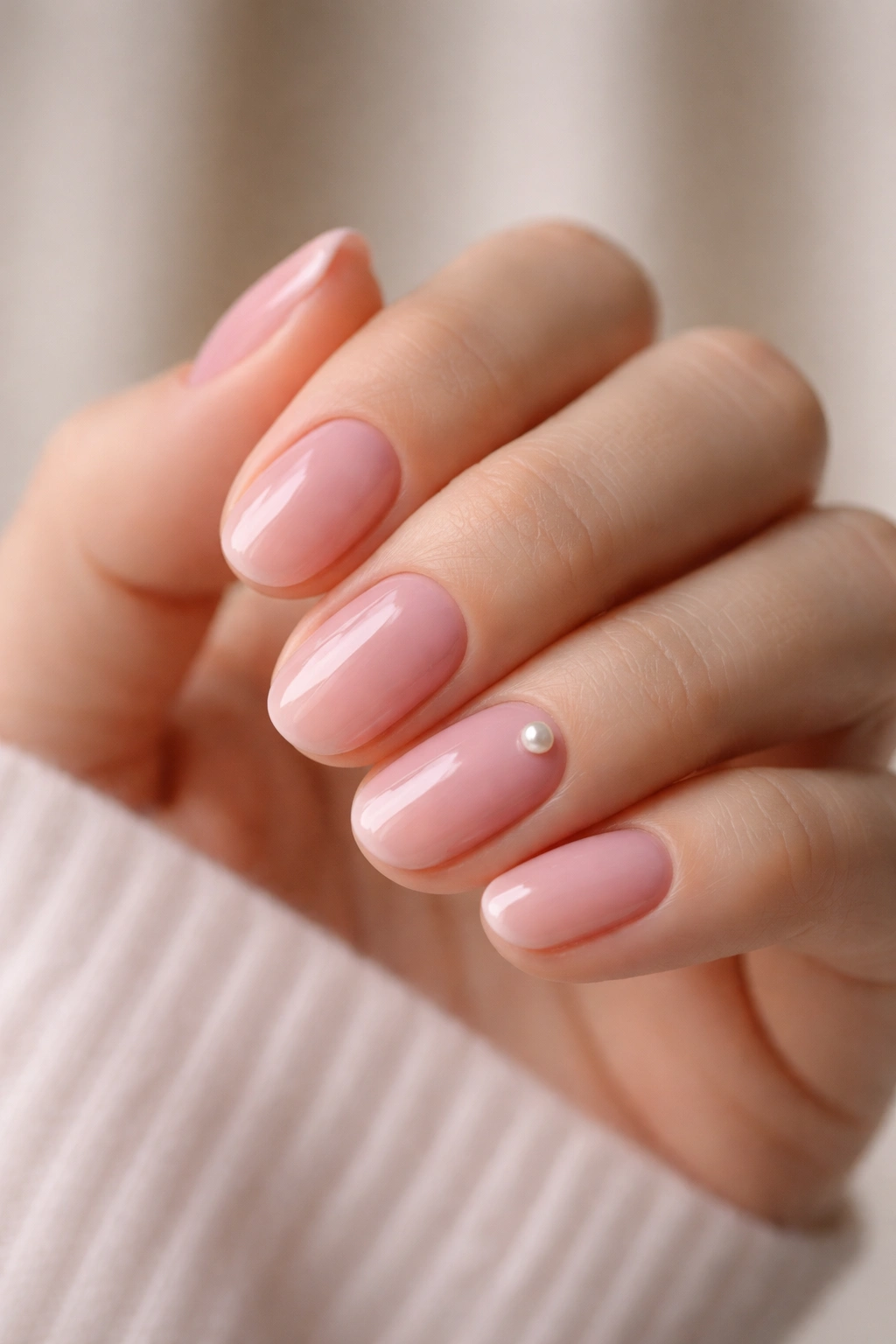 Rosy pink nails with a single accent pearl on one nail