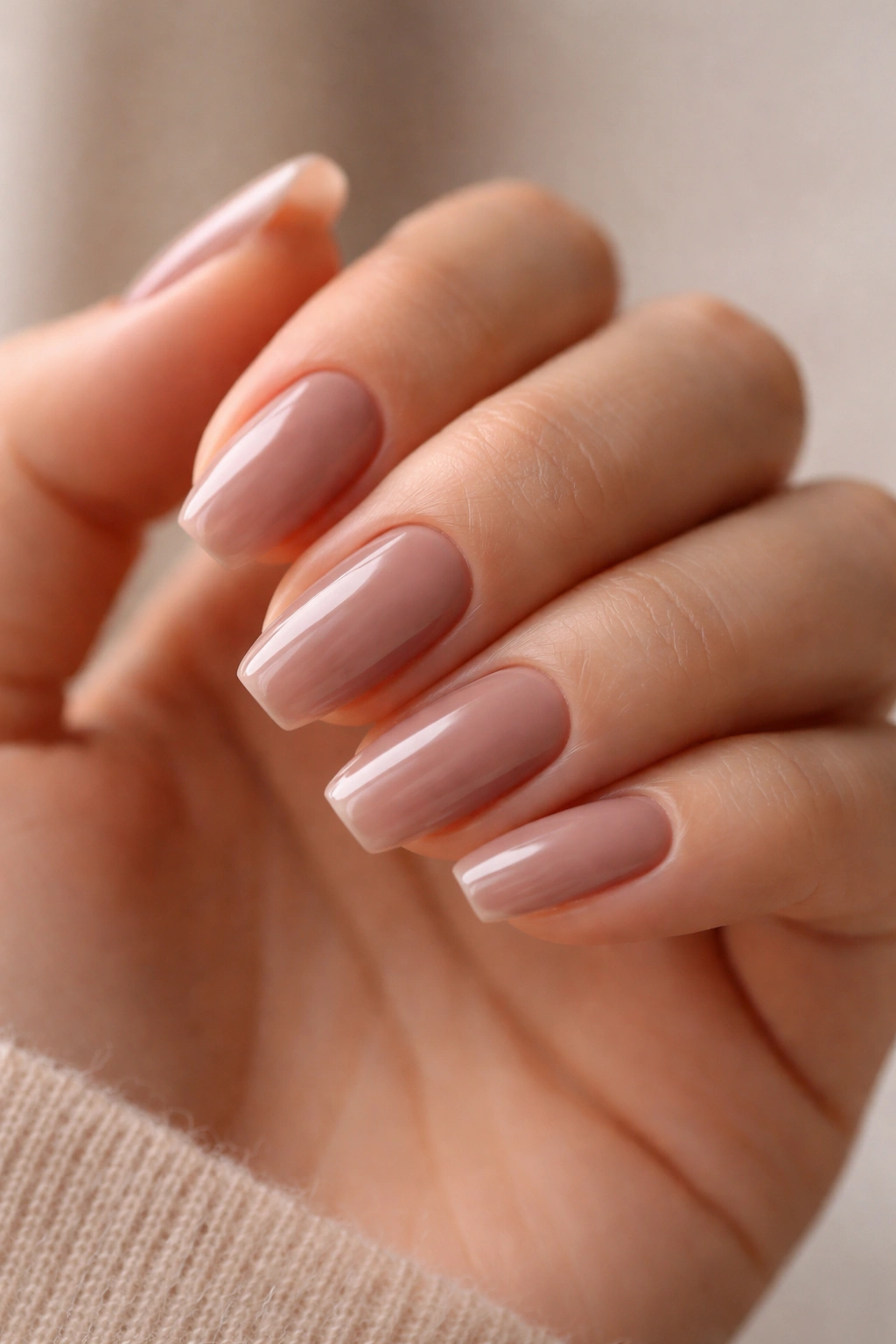 Close-up of a hand with rosy taupe ballerina nails featuring a thin free edge