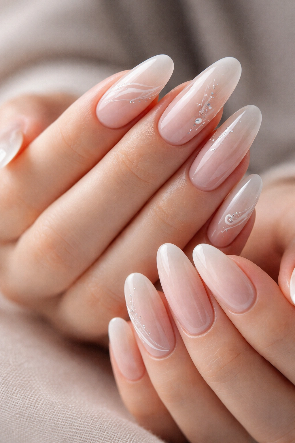 Close-up of hands with long round acrylic nails on a neutral background