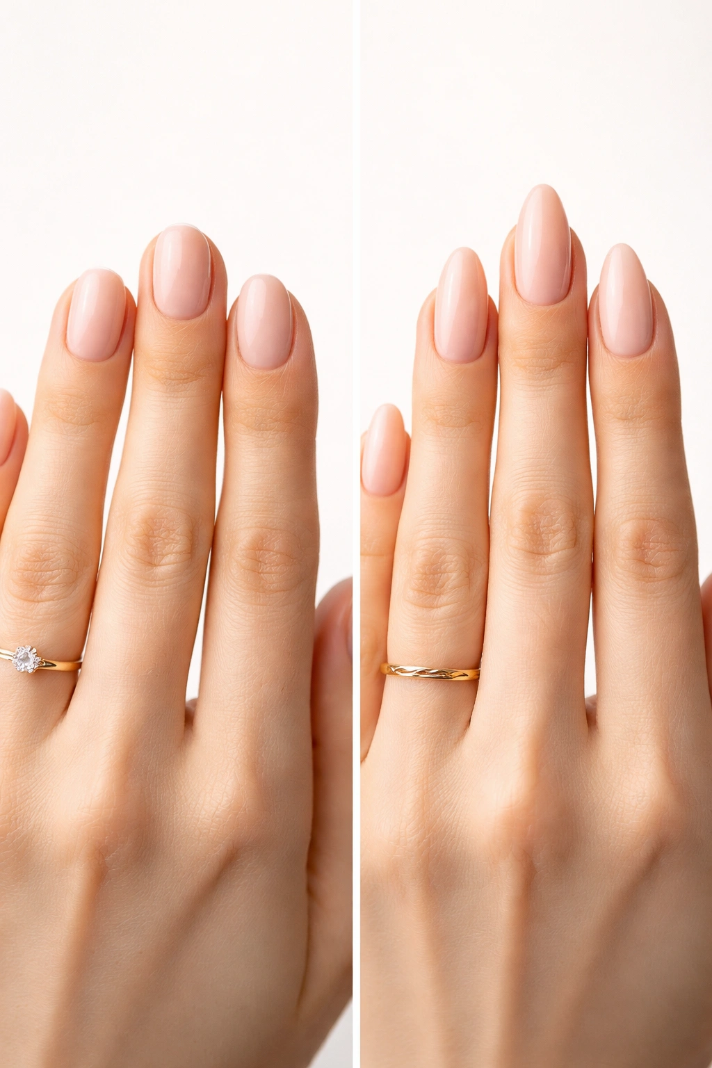 Side-by-side hands showing round nails and almond nails framing fingers
