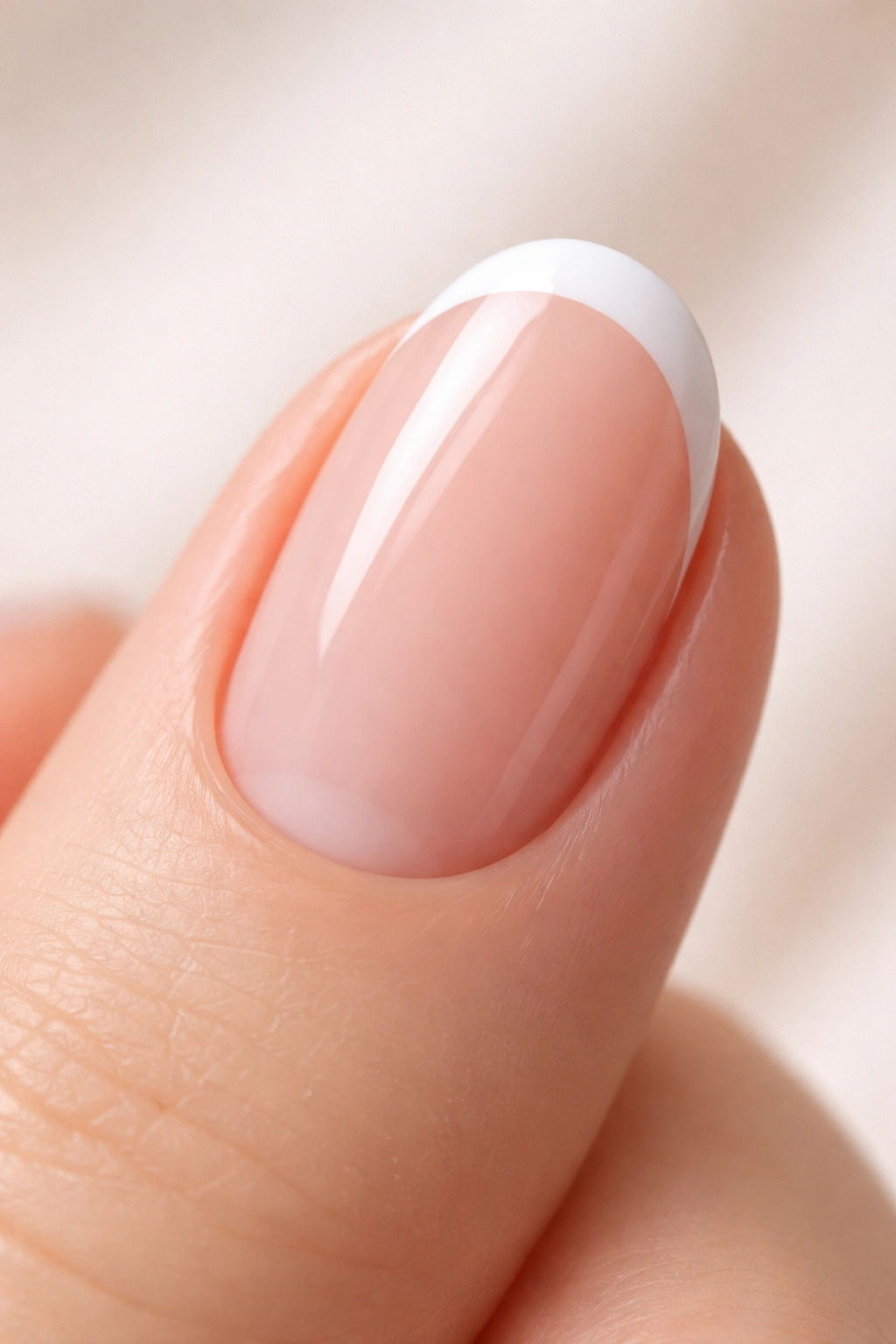 Round nail with curved white tip design following the nail edge