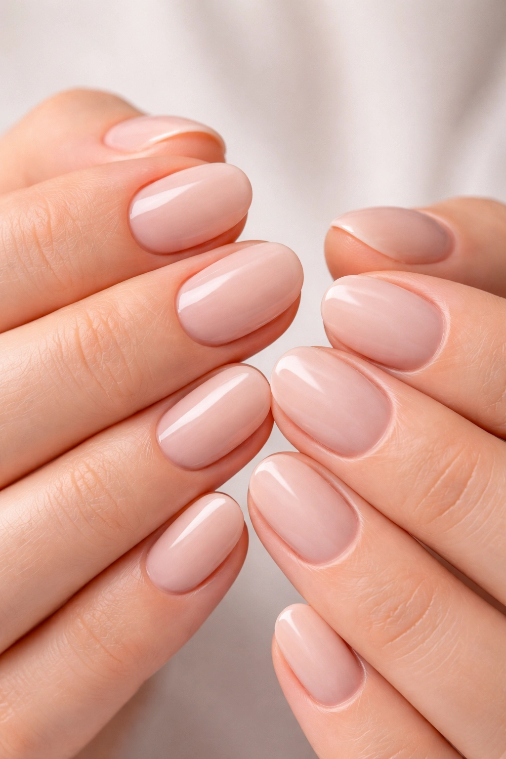 Close-up of round nails with smooth curved tips on natural hands