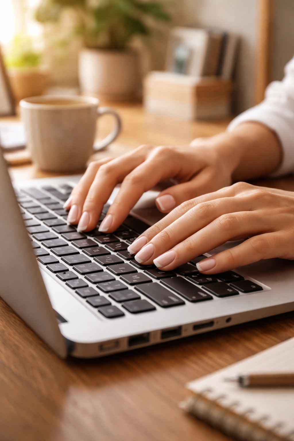 Close-up of hands with round nails typing on a laptop keyboard