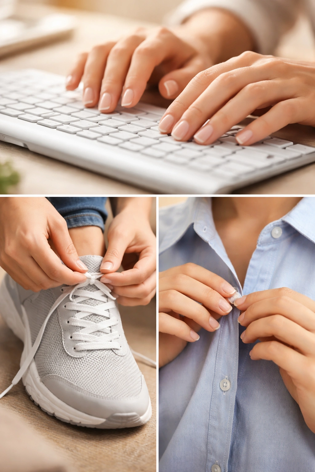 Close-up of hands with round nails performing daily tasks