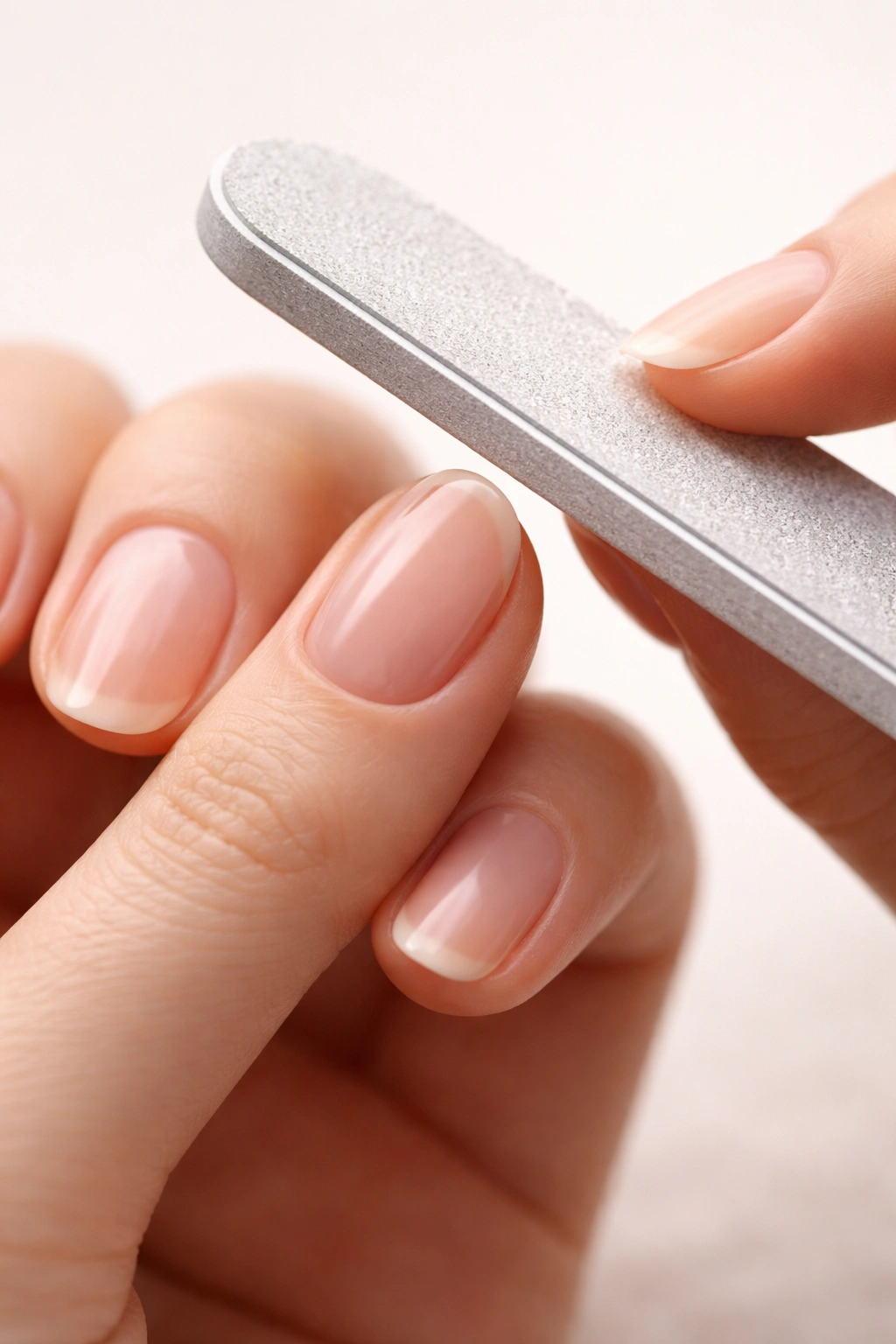 Close-up of a hand being filed into a rounded nail shape