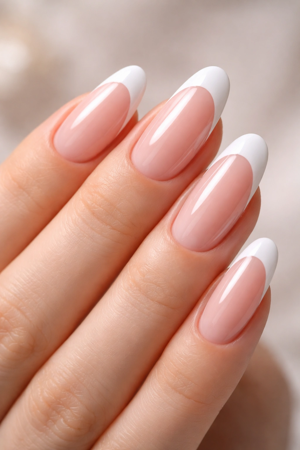 Close-up of long round nails with pink base and white tips in French manicure
