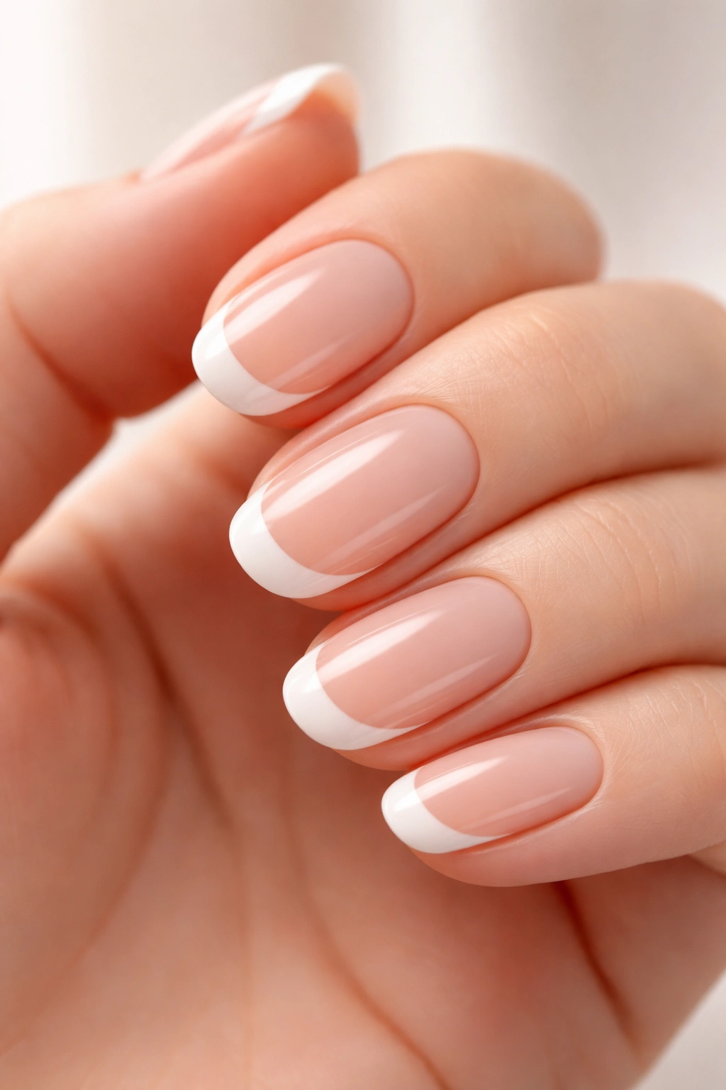 Close-up of round nails with nude base and curved white tips