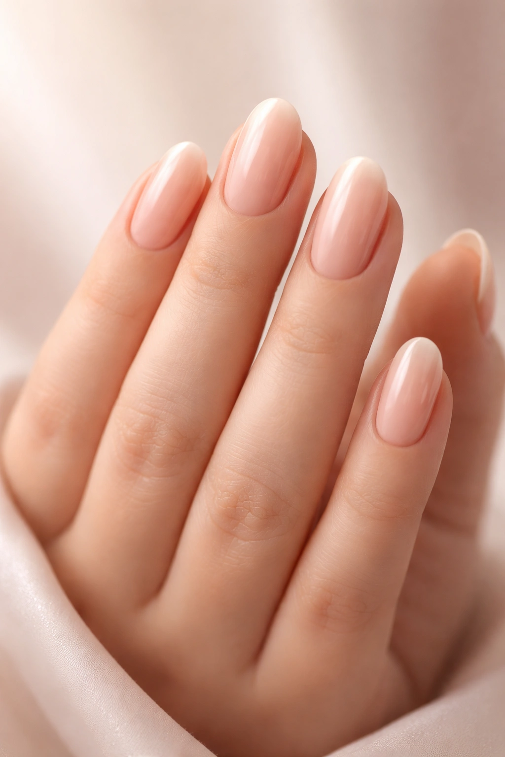 Close-up of long round nails with rounded tips and nude polish