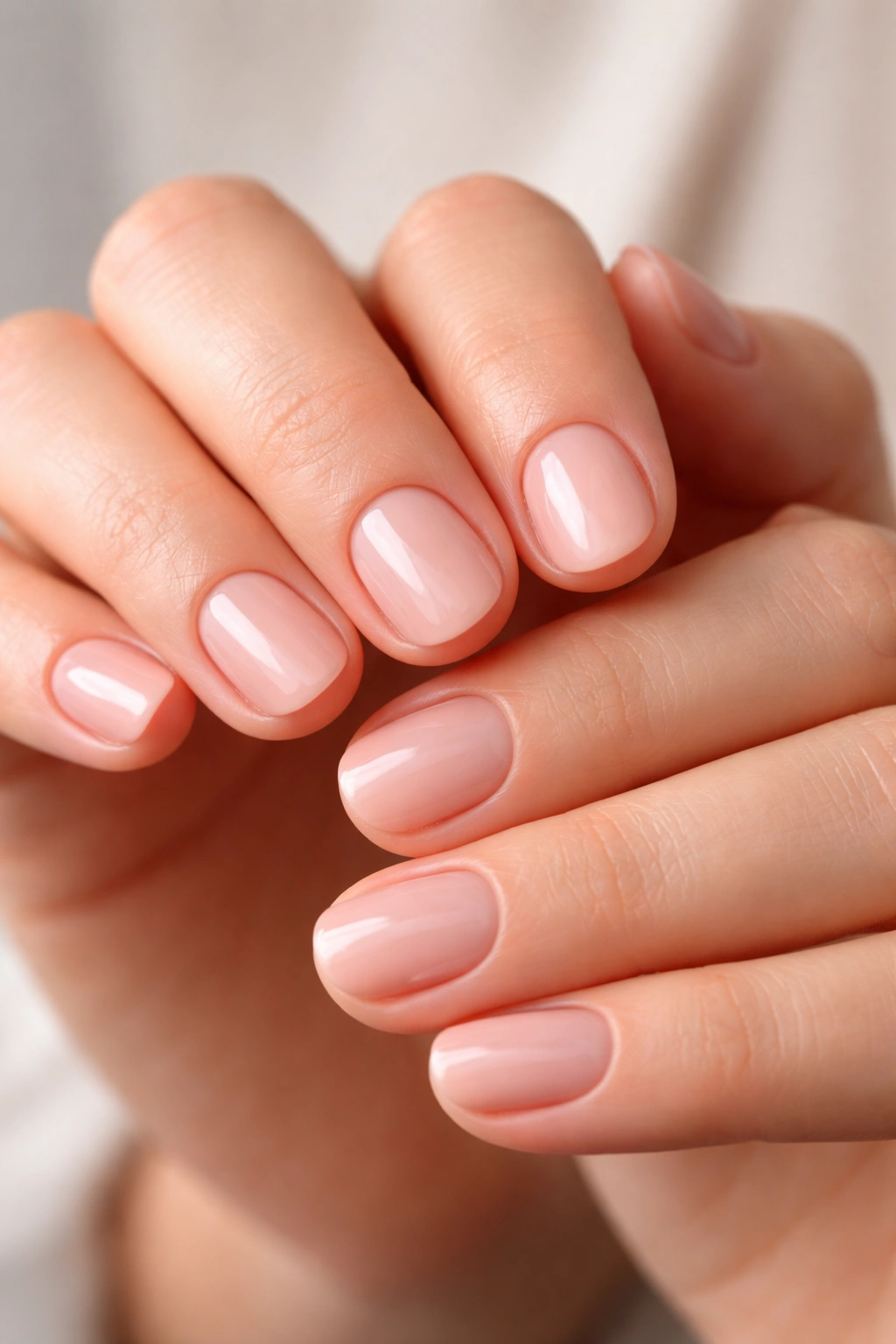 Close-up of hands with round-nail manicure showing short, rounded tips