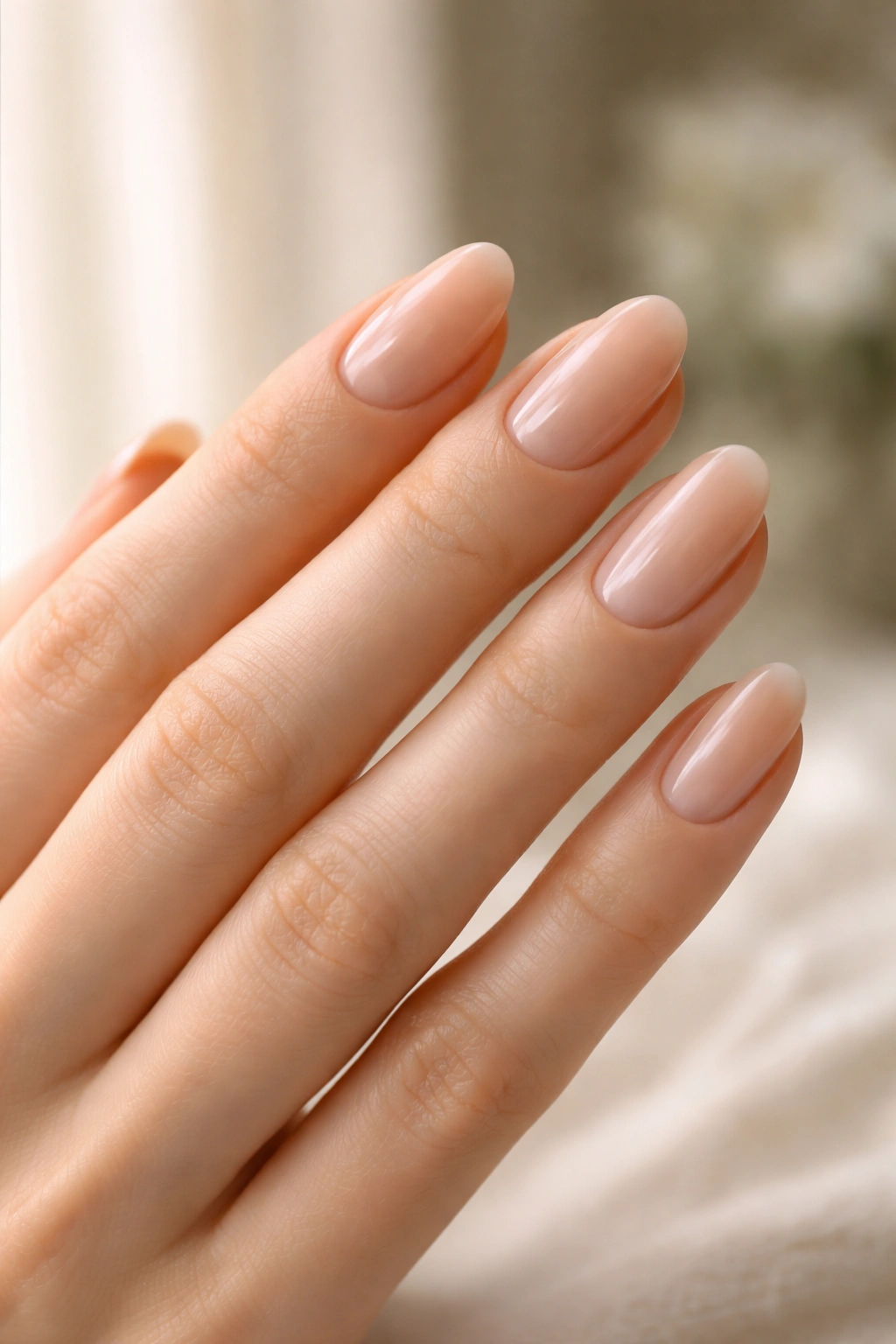Close-up of long fingers with round nails on a simple background