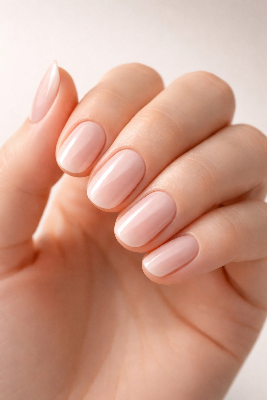 Close-up of round nails following the fingertip curve